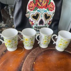 Vintage Set Four Mid Century Modern Flower Floral Coffee Tea Mugs Mug 