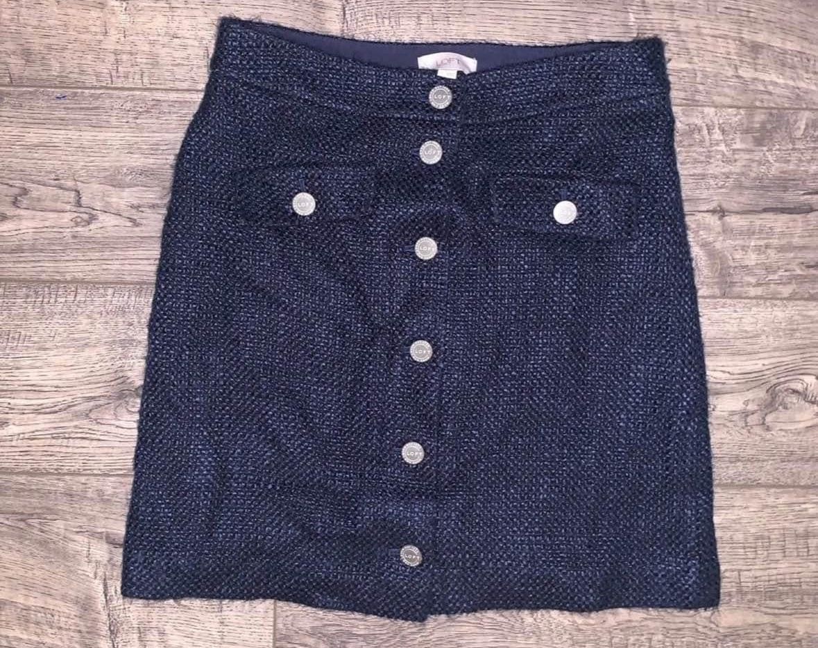 Loft Wool Blend Navy Blue Tweed Silver Button Up Front Pencil Skirt