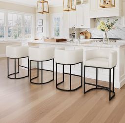 Set Of 4 LUE BONA Counter Height Bar Stools Set of 4, Modern Barrel Counter Stools with Backrest and Arms, Black Metal Frames, Faux Leather Upholstere
