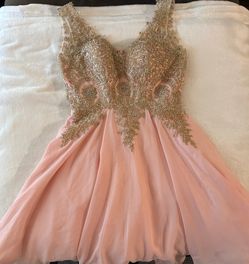 Pink Chiffon Homecoming Dress Gold Beaded Bodice