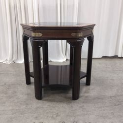 Hexagonal Dark Wood End Table with Glass Top