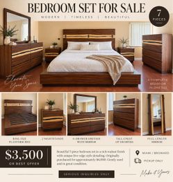 Beautiful 7-Piece King Bedroom Set – Walnut / Live Edge Style – $3,500 OBO