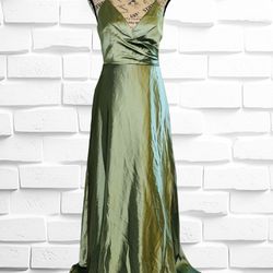 Lulus Women’s Small “Shades Of Love” Sage Green Satin Faux Wrap Maxi Dress •NWOT