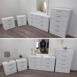DRESSER WITH MIRROR, CHEST AND TWO NIGHTSTANDS 