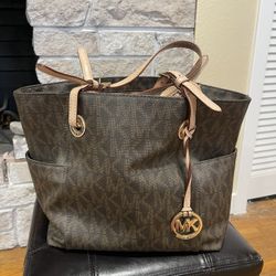 Michael Kors Brown Logo Tote Bag Gold-Tone Hardware Charm Shoulder Purse