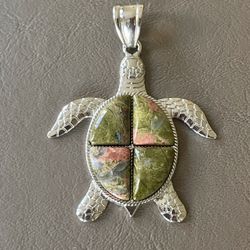 Unakite Pink & Green Inlay SEA TURTLE Pendant 2” Silver Tone Metal