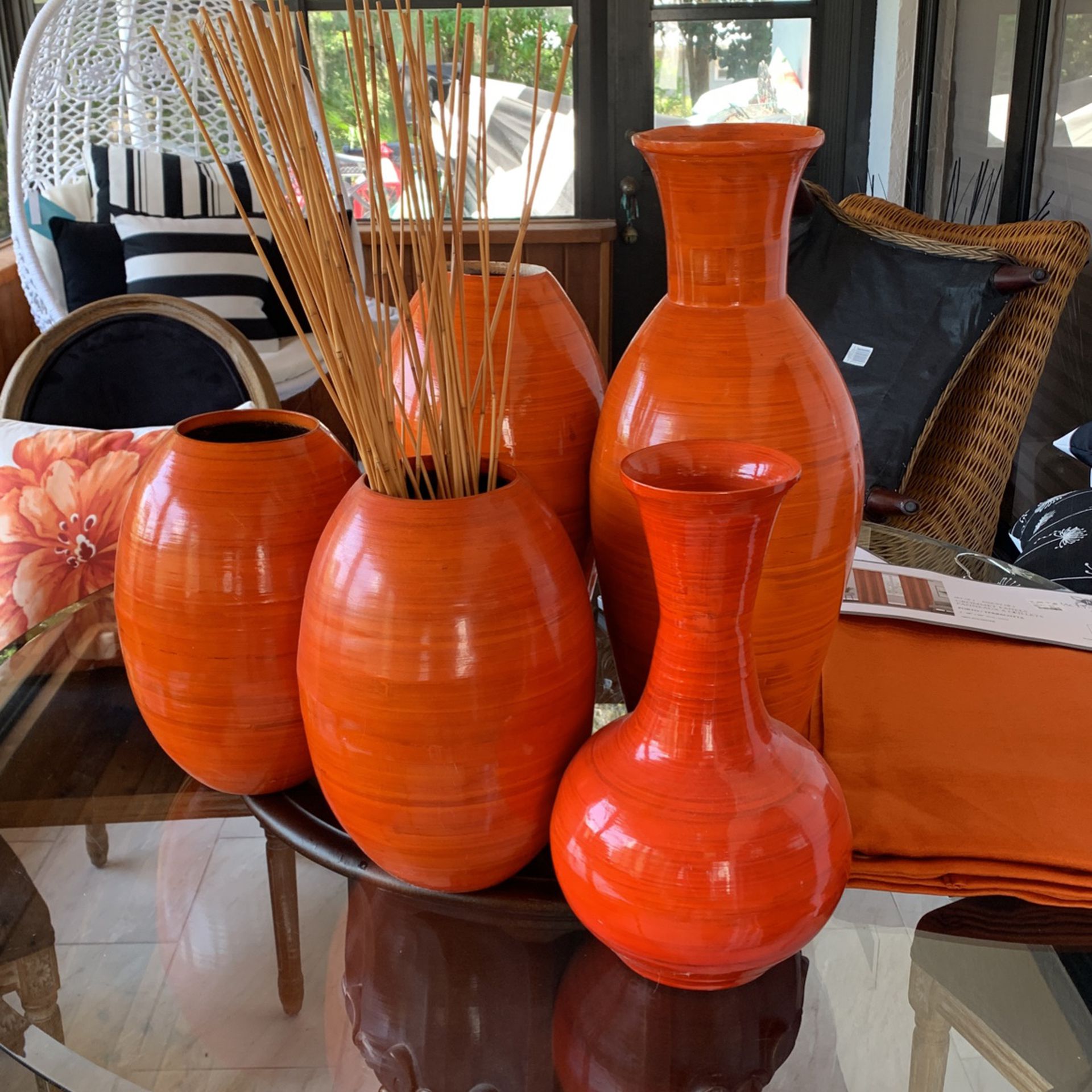 Beautiful Vases 5, 3 Orange Flower Pillows, 2 Sets Of Panel Curtains, 2 Small Orange Pillows, chairs And Table NOT Included Or For Sale!