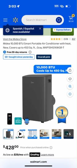 Midea 10,000 BTU Smart Portable Air Conditioner with heat, New, Covers up to 450 Sq 4 in 1