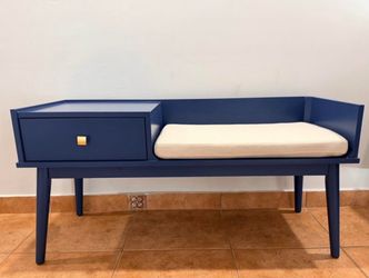 Mid-Century Modern Entryway Bench with Drawer - Custom Blue/Custom gold knob - Weston Home