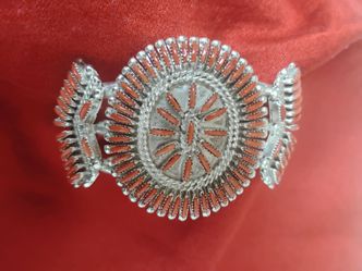 Museum Quality Vintage Zuni Coral Needlepoint Sterling Native American Jewelry Silver sign Bracelet Old