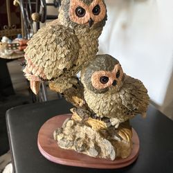Large 14” Rustic Owl Figurine Parent & Baby – Woodland Cabin Lodge Home Décor