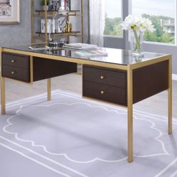 Brand New Espresso/Gold Writing Desk with Glass Top