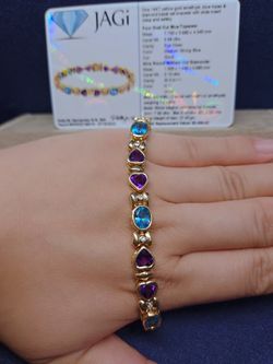 One 14k Yellow Gold Amethyst.blue Topaz And Diamond Bezel Bracelet With Silde Insert Clasp