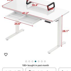 SHW | 48-Inch | Whole-Piece Glass Electric Height Adjustable Desk | Monitor Riser and Drawer Included | White