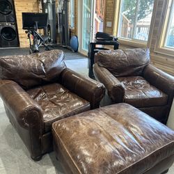 RH Original Lancaster Leather Chairs and Ottoman Set 