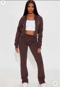 Brown Cropped Zip Hoodie and Flare Pants Set