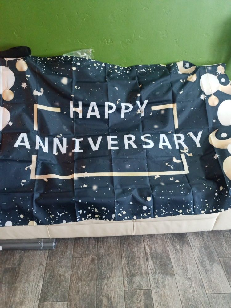 Happy Anniversary Backdrop Banner, 6ft x 3.6ft Black Gold Anniversary Party Decorations