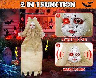 NEW -Hanging 40" Hanging Swinging Girl Ghosts Decor with Lighted Up Eyes Creepy Sound