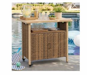 Outdoor Bar Table with Storage Cabinet, Patio Serving Cart with Wheels, Wicker Bar Cart and Grill Cart Prep Station, Rolling