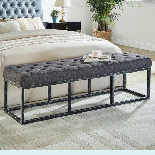 WEMART Upholstered Tufted Long Bench with Metal Frame Leg, Ottoman with Padded Seat-Dark Gray