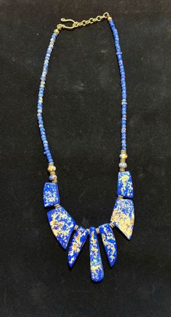 Blue & Gold Artisan Statement Necklace - Geometric Beaded Boho Jewelry