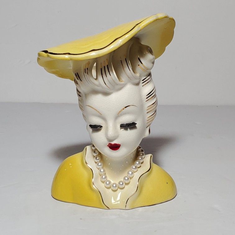 Lady Head Vase Yellow Hat Pearls