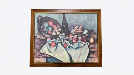 Vintage Paul Cezanne Still Life Fruit & Bottle Oil Painting Landscape
