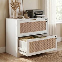 2 Drawer File Cabinet with Lock, Printer Stand Lateral Home Office and School, Wood Rattan Filing Cabinet for Hanging Files/Letter/Legal/A4/F4 Size, W