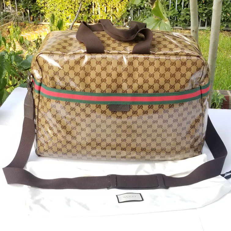 Auth Gucci Crystal Web Large Travel Duffle Carryall Weekender Shoulder Bag