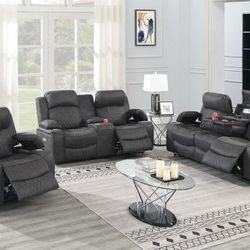 Brand New Grey Leather Power Reclining 3pc Sofa Set