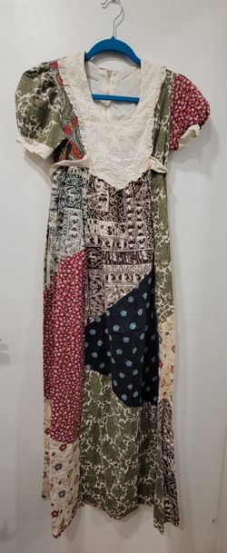 VTG 70s DESIGNER Patchwork Prairie Maxi Dress Eyelet Lace Style M