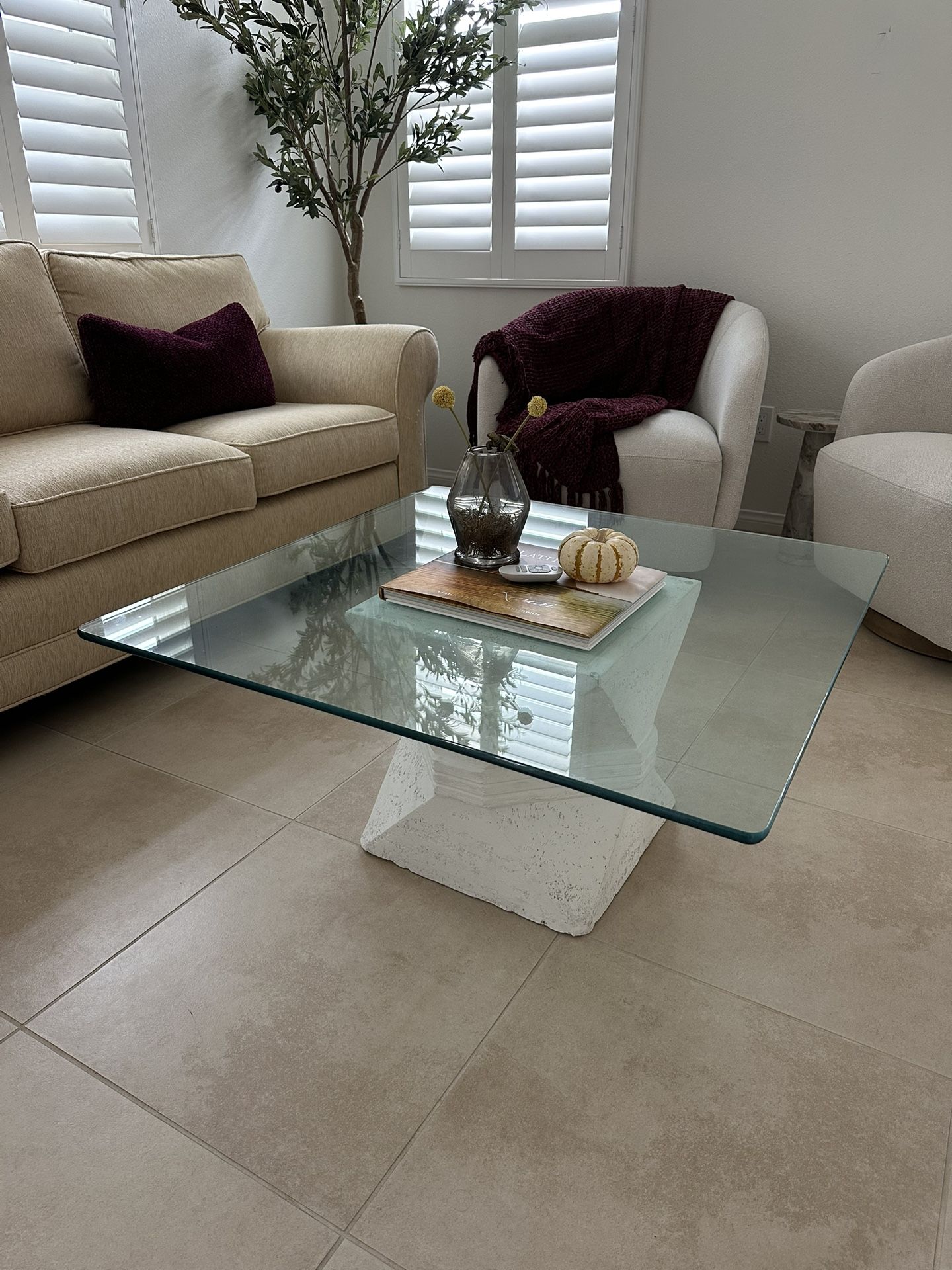 Contemporary Coffee Table - Glasstop with Geometric Cement Base