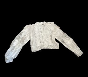 NEW Victorian White Lace Cropped Blouse Long Sleeve with Bow Top Size L