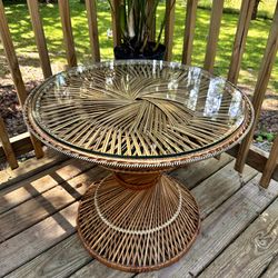 1960s Spanish Rattan "Peacock" Coffee Table w/ Glass Top