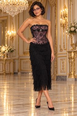 Black Lace Corset Fringe Midi Dress