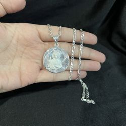 925 Sterling Silver Men Women St Jude San Judas Medal & Figaro Chain