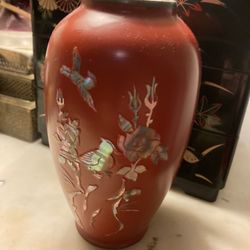 Vintage Red Lacquered Vase W/ Abalone Designs 