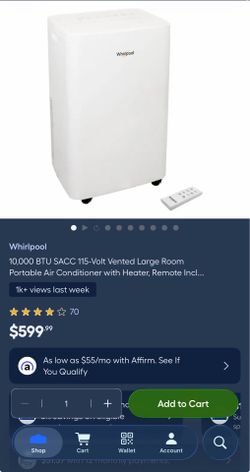 NEW! Whirlpool 10,000 BTU up to 700 sq ft Portable Air Conditioner with Heater