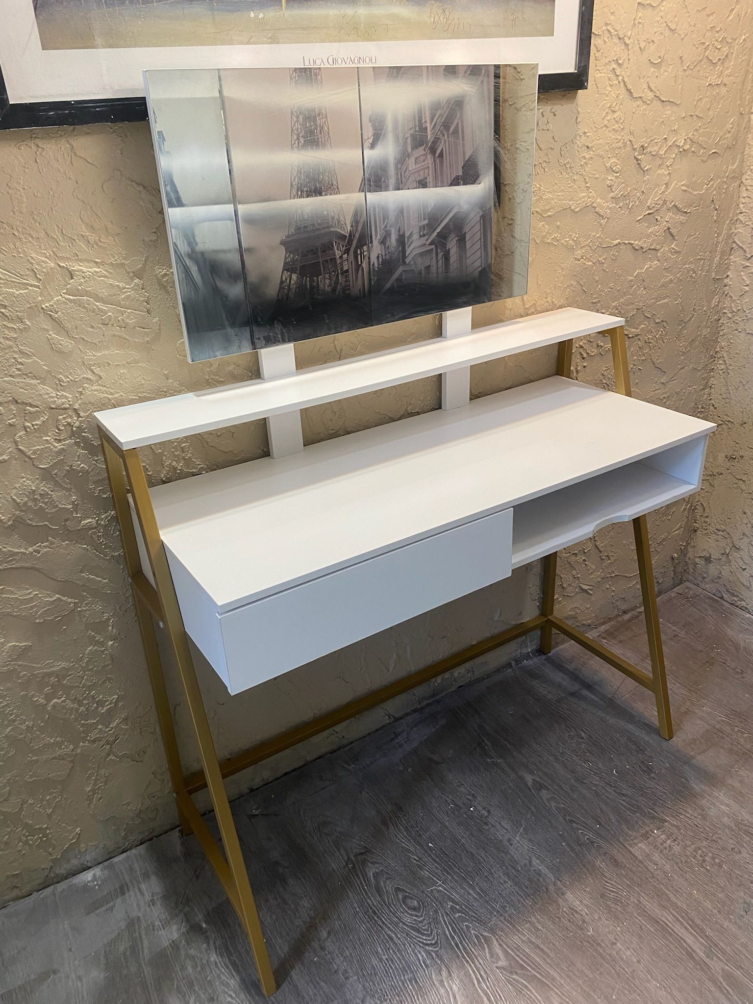 Modern White & Gold Vanity Desk with Mirror - Local Delivery for a Fee - See My Items
