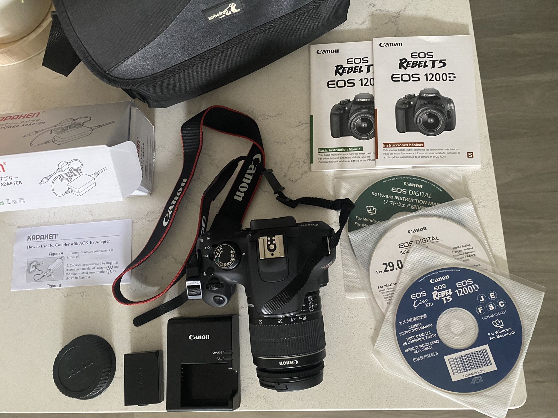 Canon EOS Rebel T5 Digital Camera with 18-55mm Lens  (EOS 1200D) + Original manuals, AC Power Adapter and Carrying Case