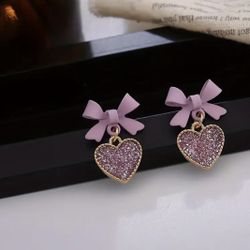 Brand New Beautiful Pink Bow Bling Bling Heart Design Dangle Earrings Voy