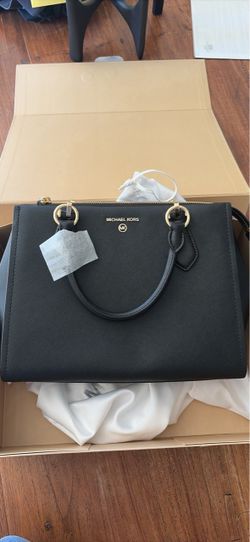 Michael Kors Purse - Black Zip Satchel Top Handle Gold hardware Logo Bag Charm