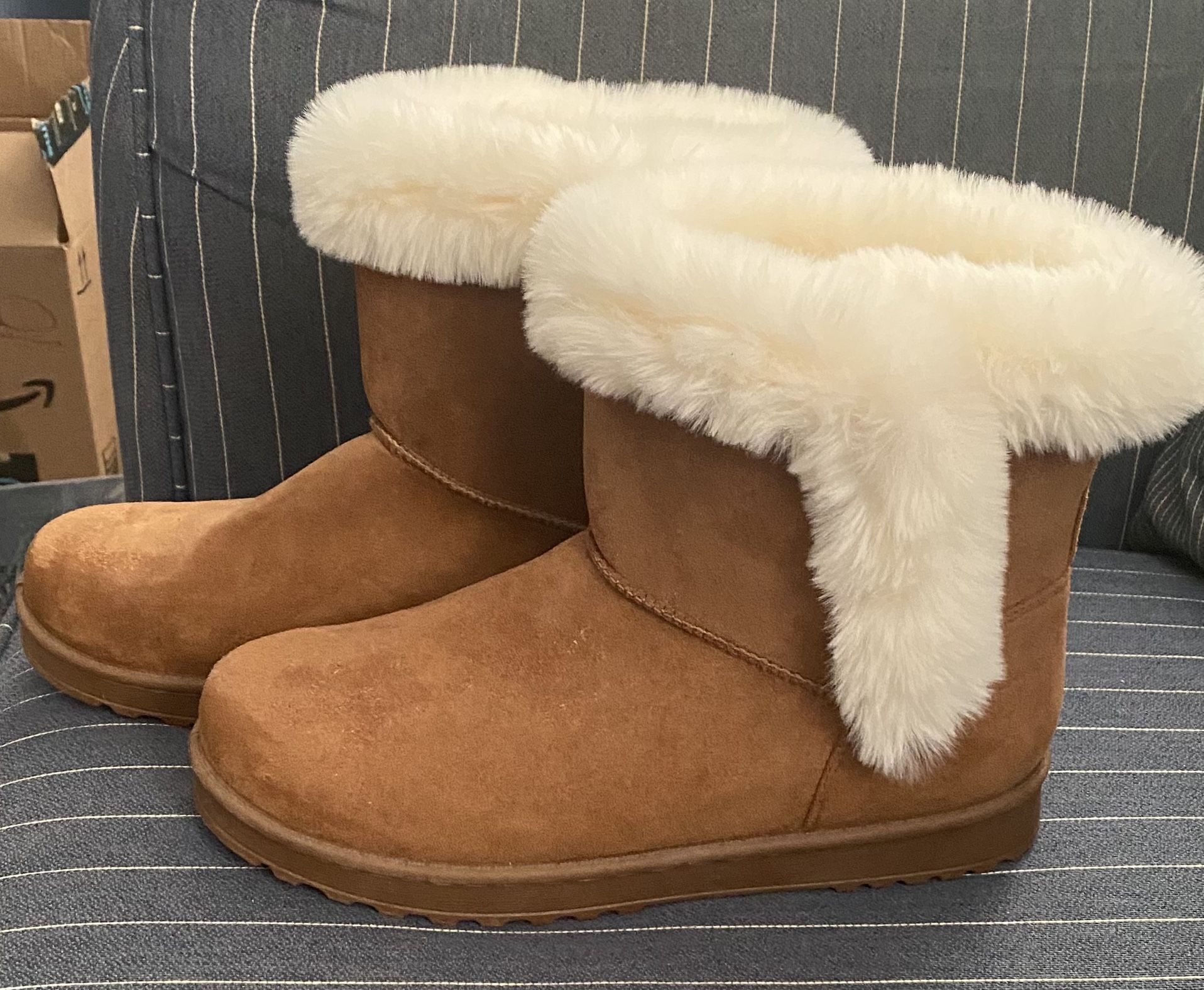Brand new, never worn SO Paulina chestnut faux fur boots. Size 10.