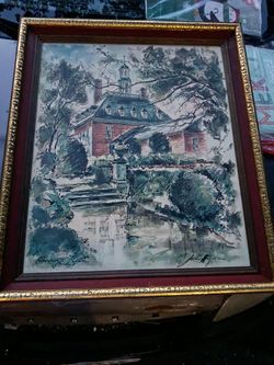 29x34 " Old mid century Ink Sketch house mansion Cupelo framed art Vintage 1950’s