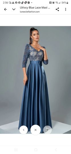 Blue Lace Bodice Formal Gown with Belt
