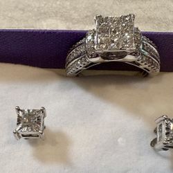 10 Karat White Gold  Engagement Ring With Matching 10 Karat Diamond Earrings