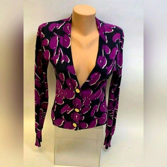 Tory Burch Designer Black & Purple Long Sleeve Blouse Shirt Cardigan Sweater XS