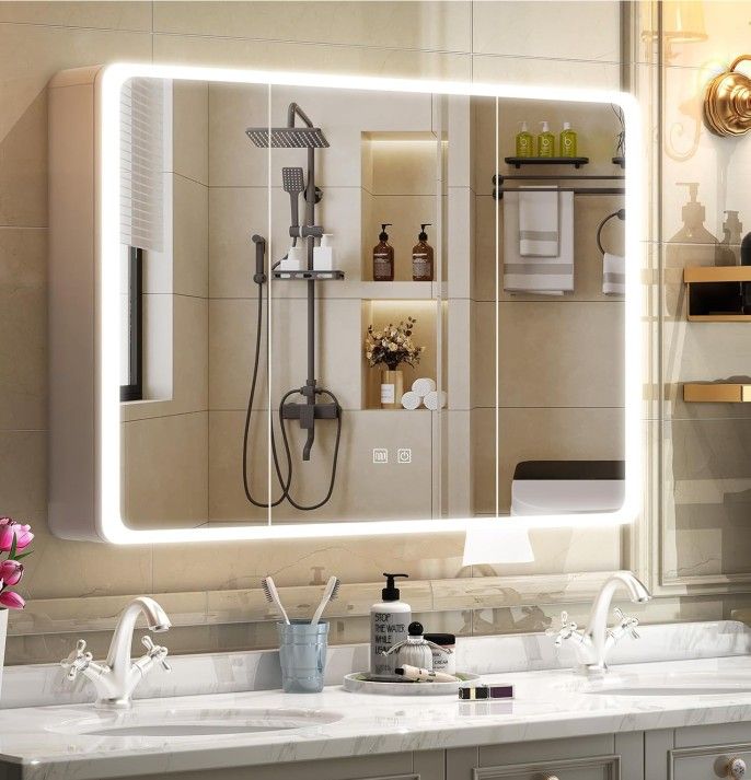 Large Medicine Cabinet, Bathroom Cabinets with 3 Doors, LED Lights, Defogger, Mirror Cabinets with 8 Shelves Storage Organizer Kitchen Cupboard White,