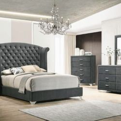 GRAY VELVET QUEEN 4 PIECE BEDROOM SET