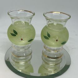 VTG Set Of 2 Bartlett Collins Frosted Glass Vases, Hand-Painted Flower 1950s 4”